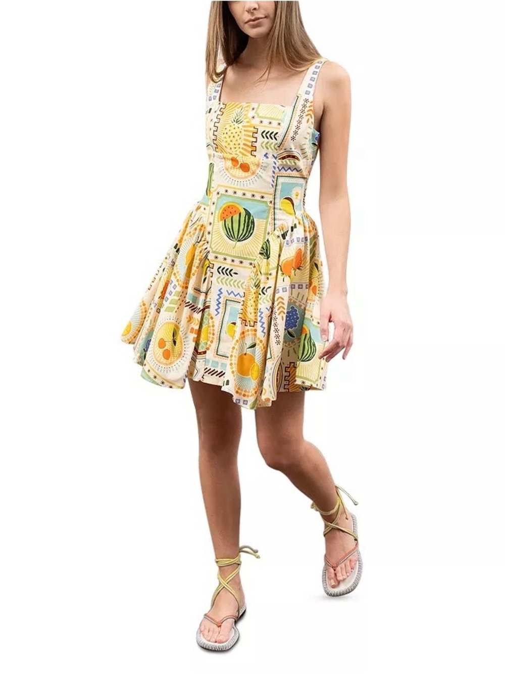 Cream Fruit Print Mini Dress with Square Neckline - Picture 6 of 7